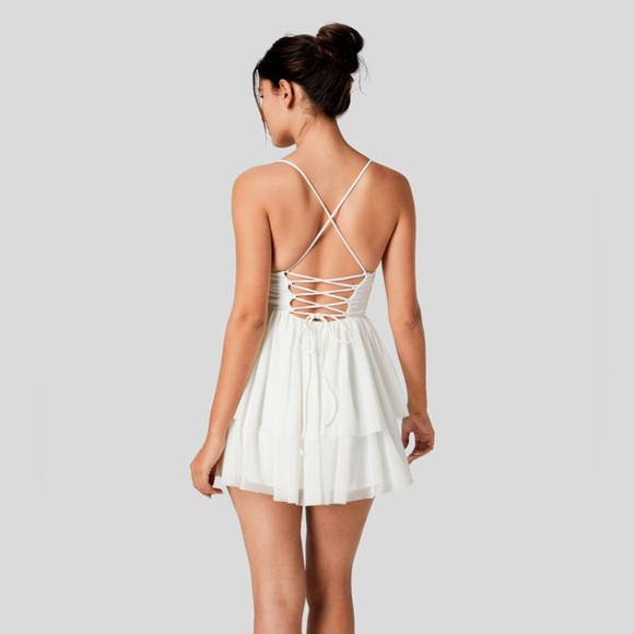 Halara White Backless Crisscross Lace Up Mesh Layered Mini Party Dress | NEW🩷 - Picture 3 of 14